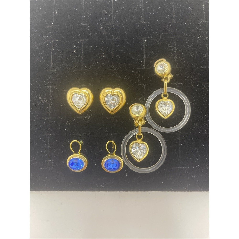 Vintage Lot Of 3 Clip On Earrings Hearts And Blue Stones All Gold Tones